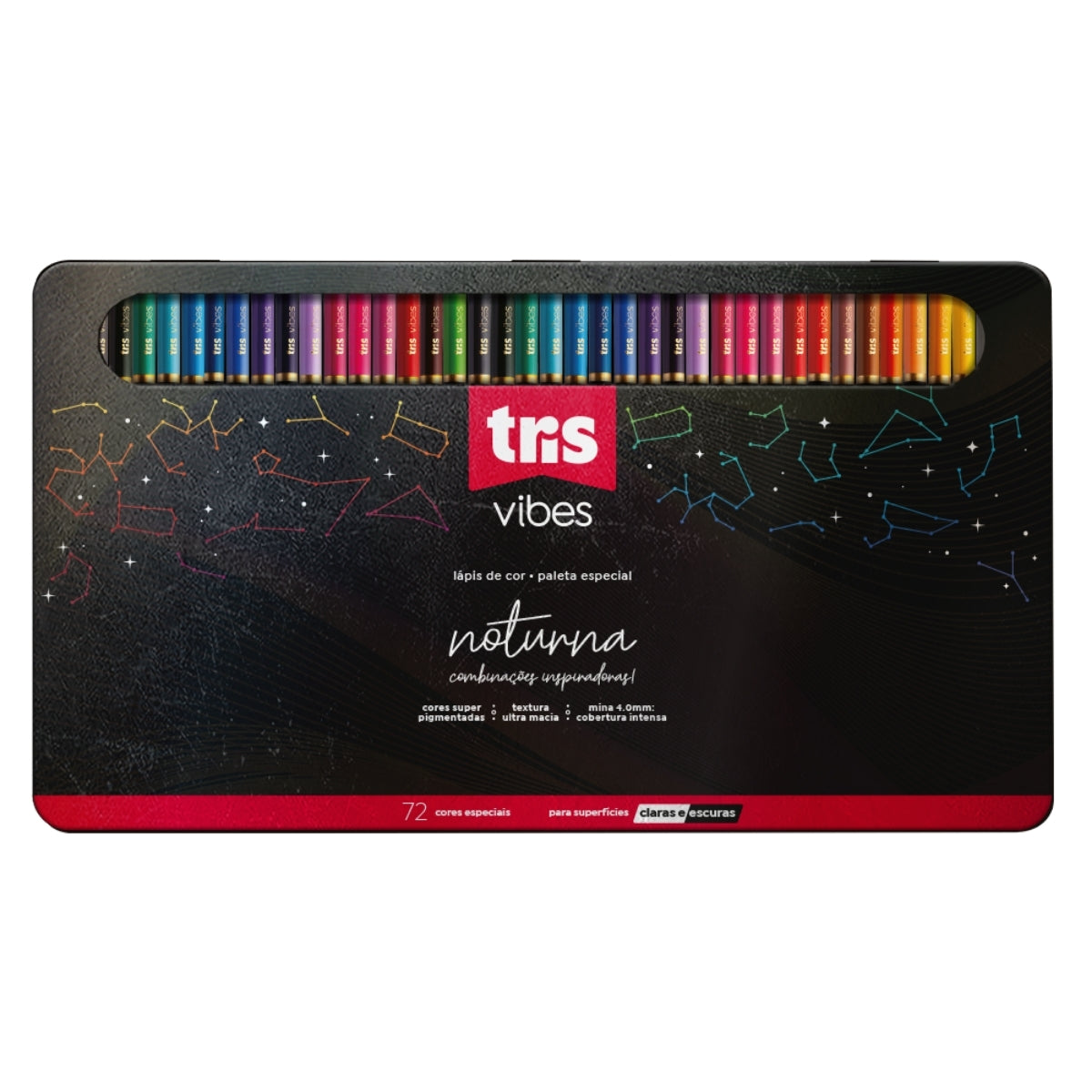 Estojo Lata Lápis de Cor Vibes Noturna com 72 Unidades - Tris