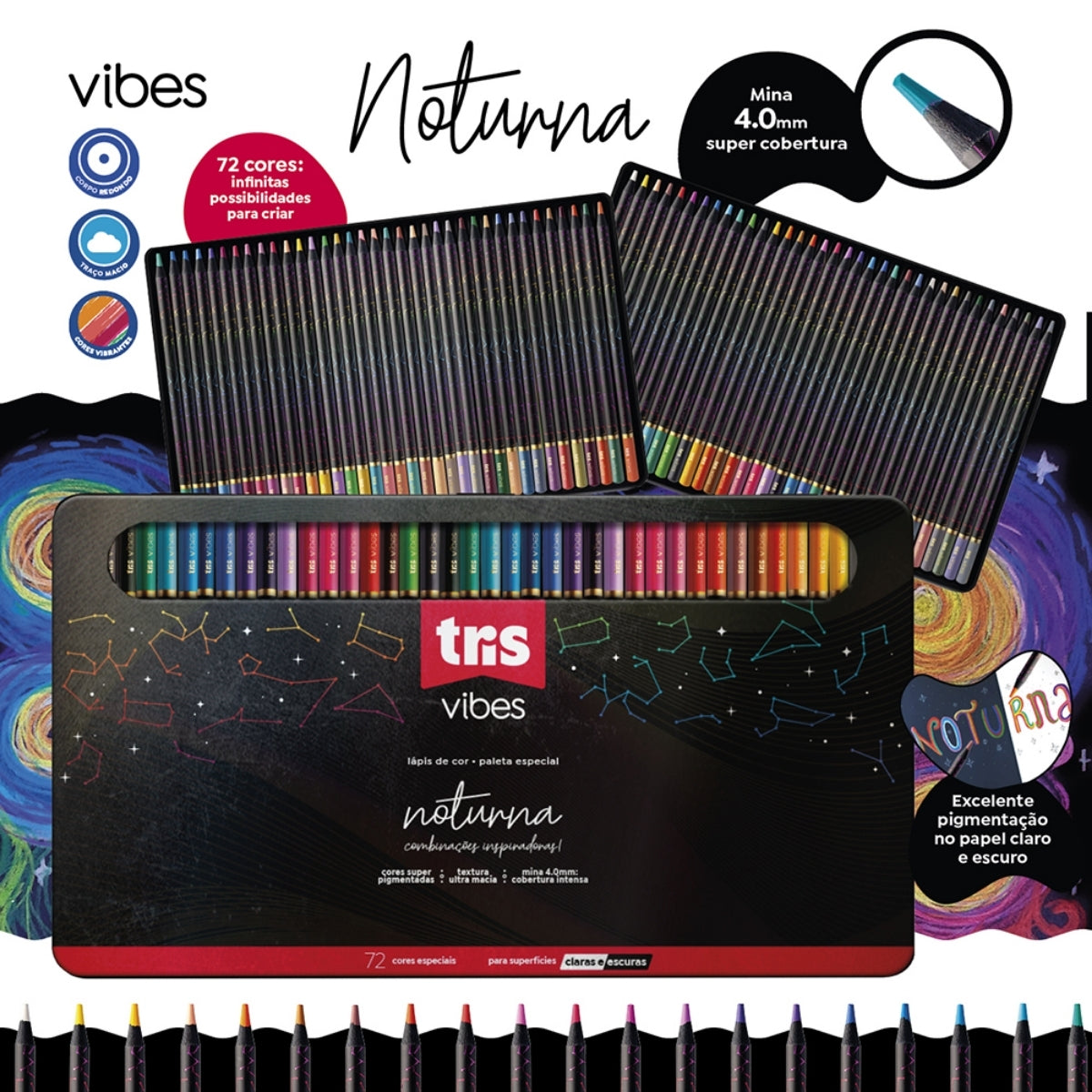 Estojo Lata Lápis de Cor Vibes Noturna com 72 Unidades - Tris