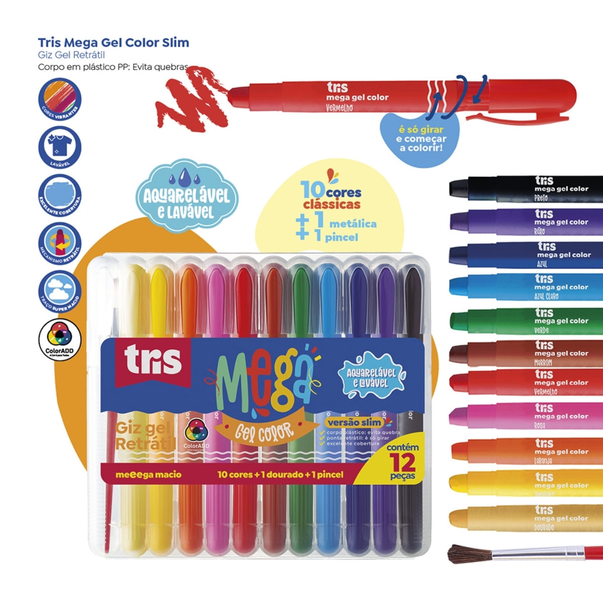 Estojo Giz Retrátil Mega Gel Slim com 11 Cores e 1 Pincel - Tris