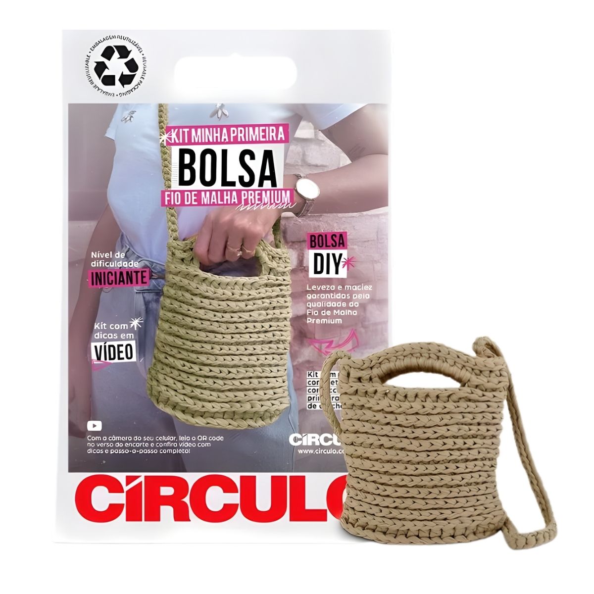Kit Minha Primeira Bolsa Fio de Malha Premium com Agulha e Receita Cor Ninho 0002 - Círculo