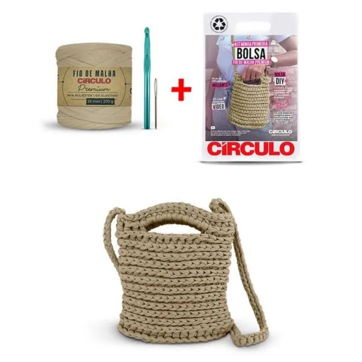 Kit Minha Primeira Bolsa Fio de Malha Premium com Agulha e Receita Cor Ninho 0002 - Círculo