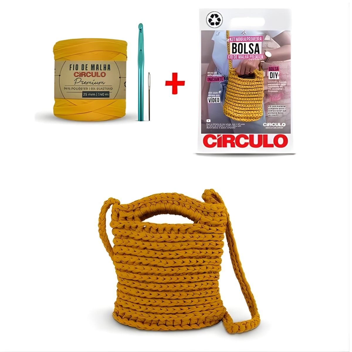 Kit Minha Primeira Bolsa Fio de Malha Premium com Agulha e Receita Cor Curry 0001 - Círculo
