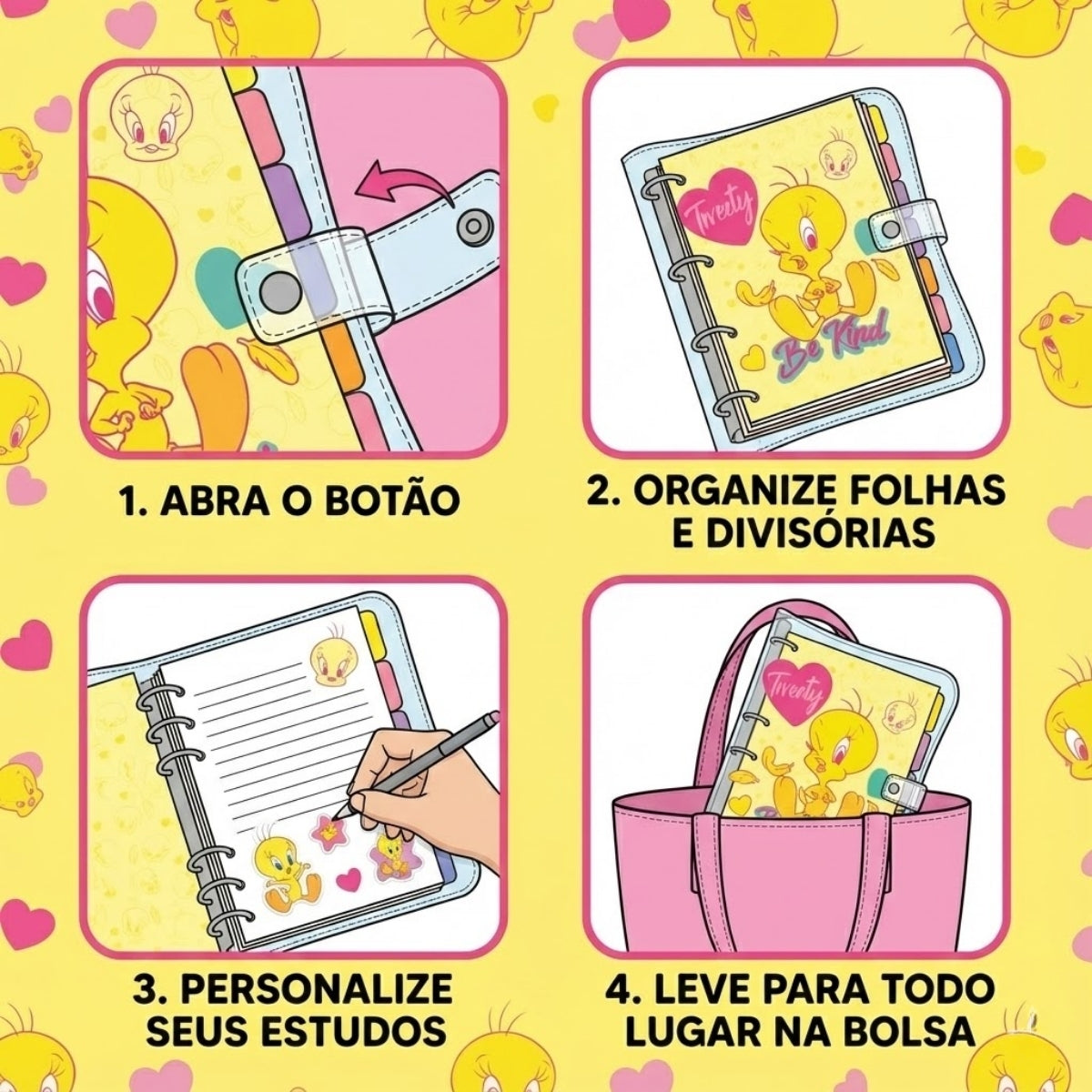 Fichário Colegial Pvc Cristal com 192 Folhas Fechamento em Botão - Looney Tunes 15,5x22,5cm 56g/m² Dac - 5509
