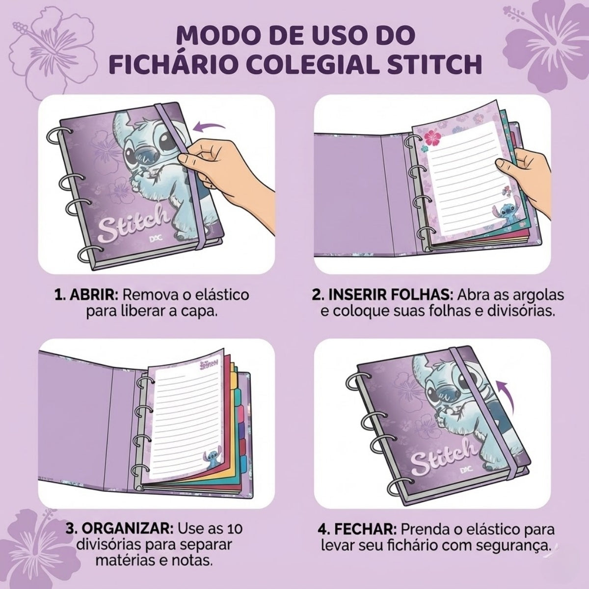 Fichário Colegial sem Capa com 144 Folhas Fechamento em Elástico - Stitch 18,5x25cm 56g/m² Dac - 5317