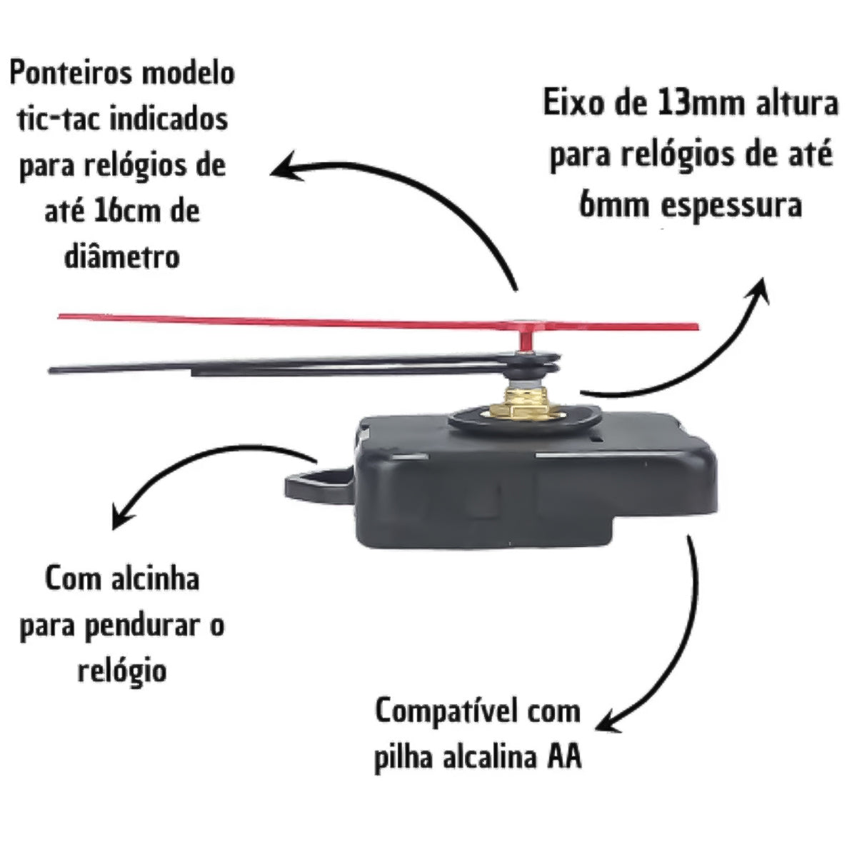 Máquina de Relógio Eixo Quartz 13.5 Tictac com Alça e Eixo 7,7mm Preto