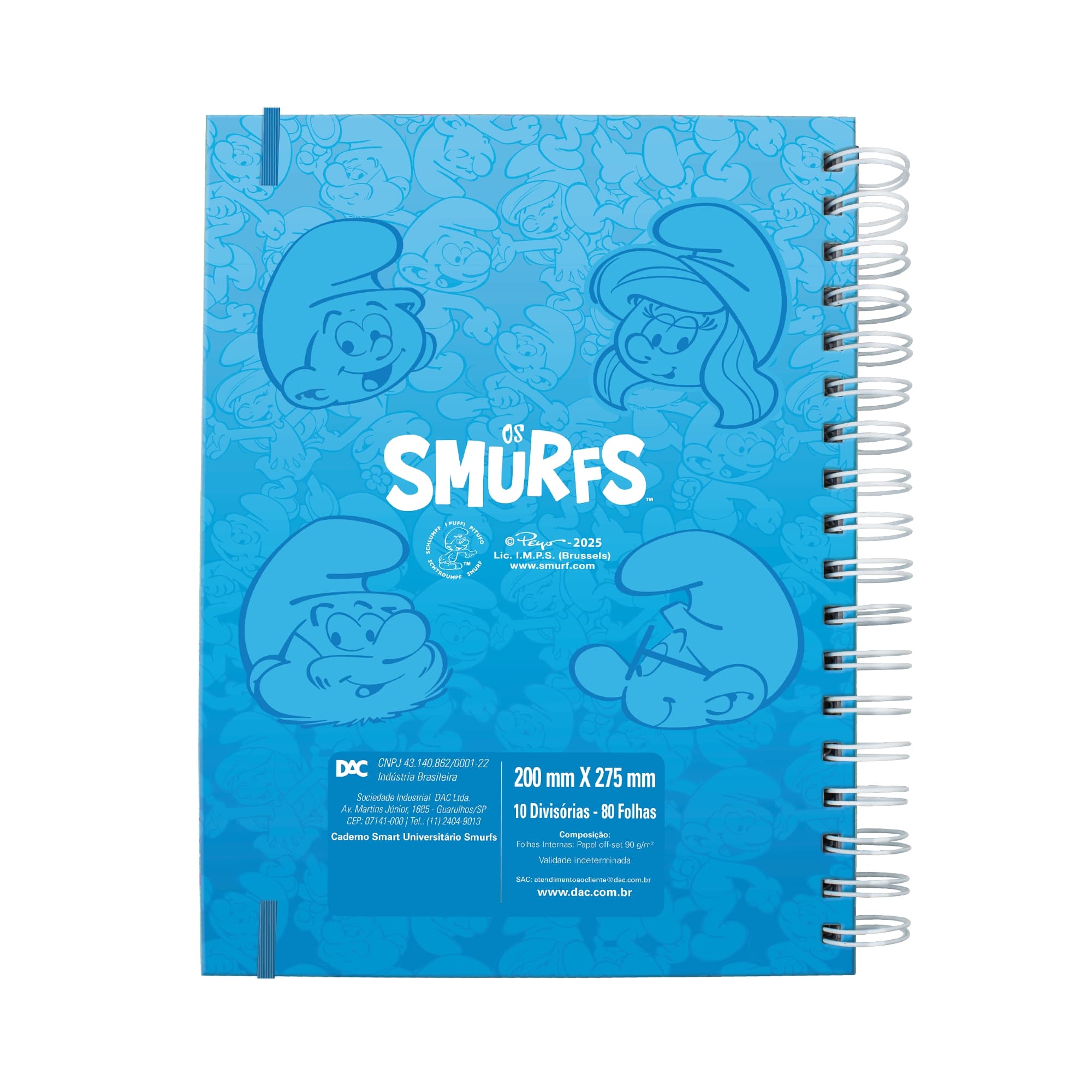 Caderno Smart Universitário com 80 Folhas 90g/m² Fechamento em Elástico - Smurfs 20x27,5cm Dac - 5312