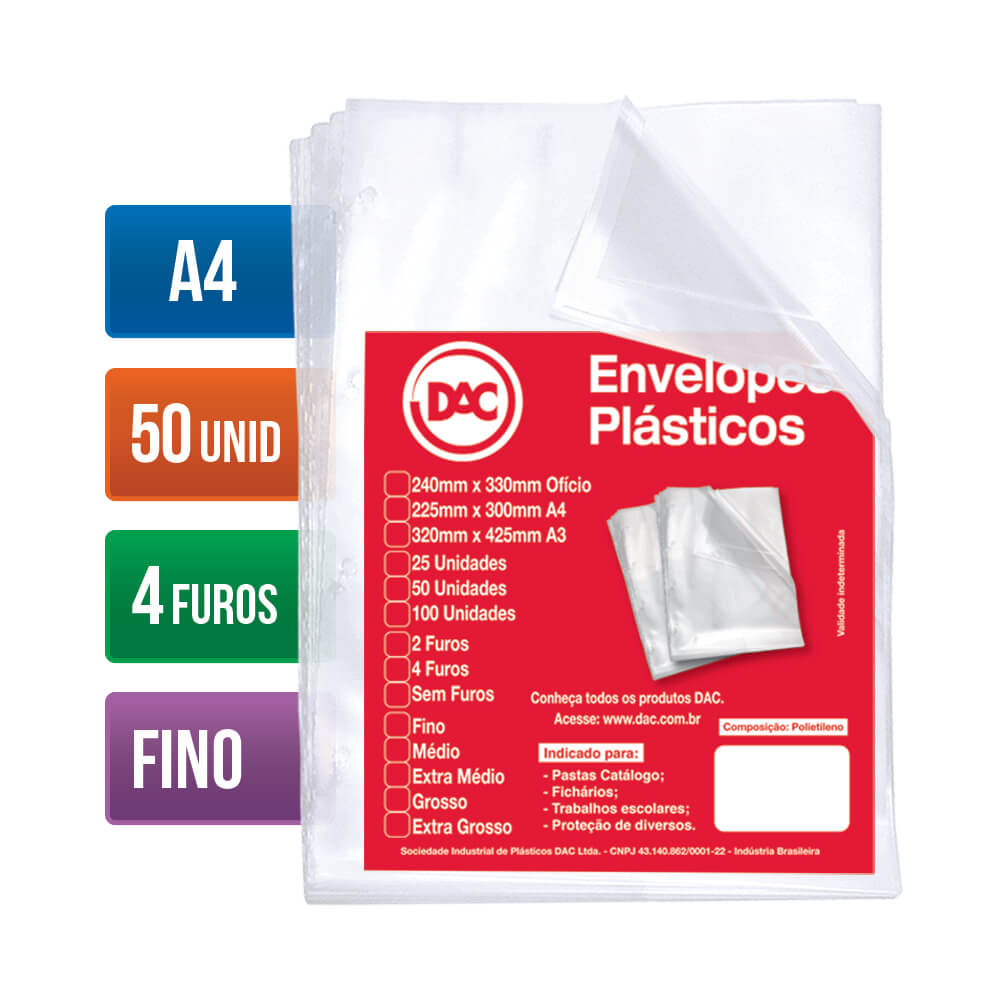 Envelope Plástico Fino 24x33cm com 4 Furos com 50 Unidades - Transparente Dac - 5070-50