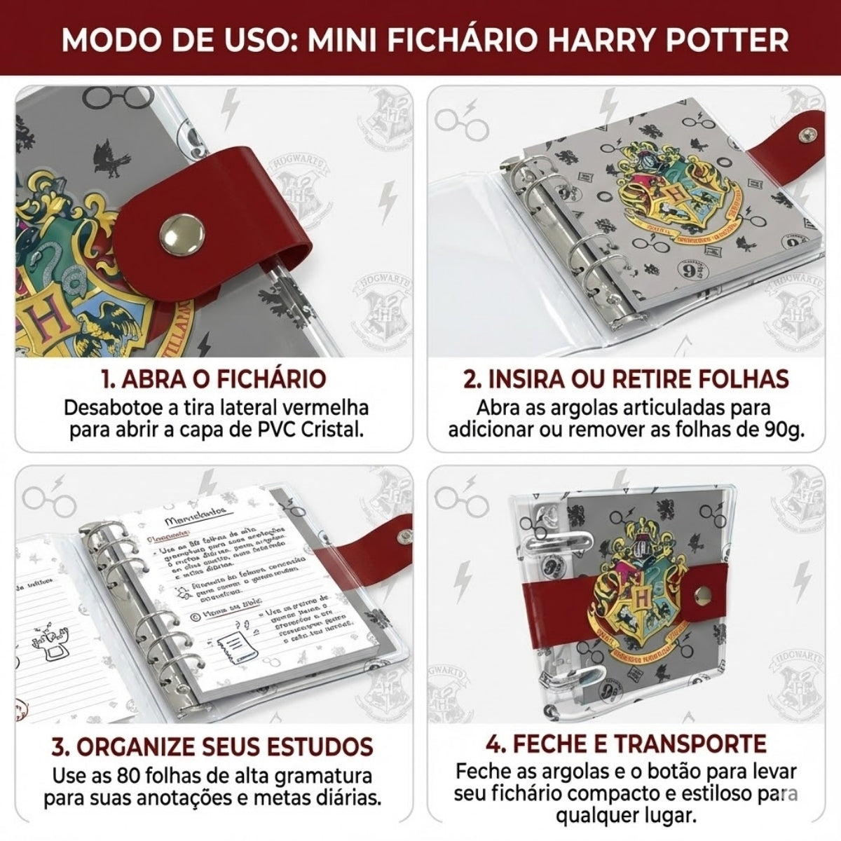 Mini Fichário Pvc Cristal com 80 Folhas 90g/m² Fechamento em Botão - Harry Potter 10,5x11,5cm Dac - 5351