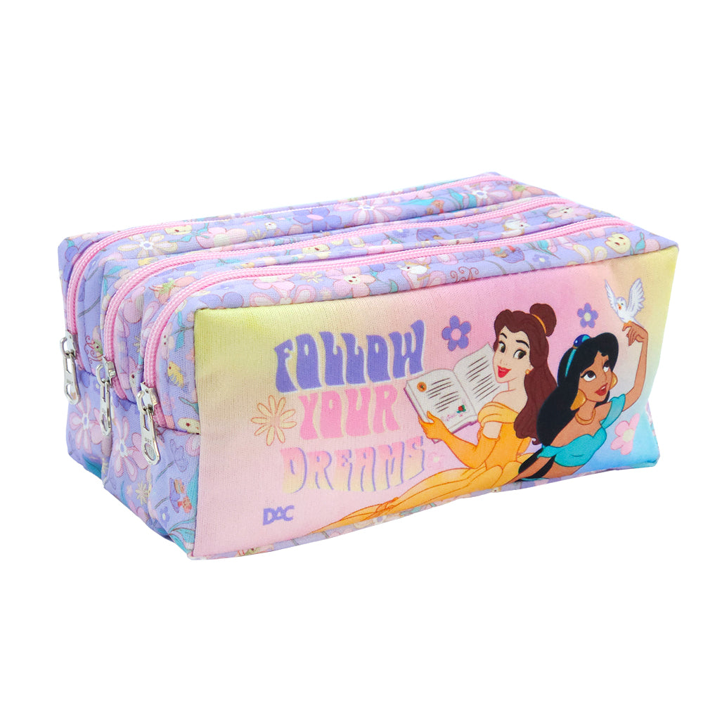 Estojo Triplo com 3 Zíperes em Tecido - Princesas 19,5x11,5cm Dac - 5453