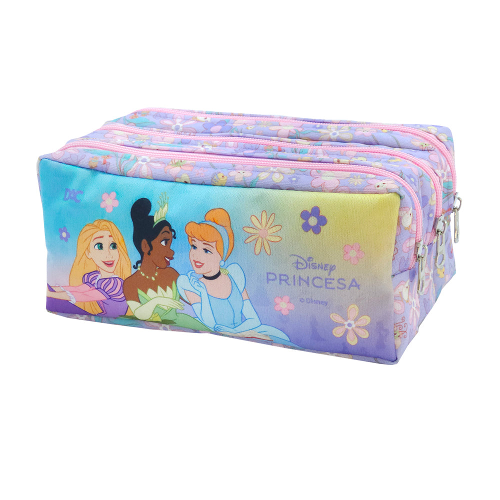 Estojo Triplo com 3 Zíperes em Tecido - Princesas 19,5x11,5cm Dac - 5453
