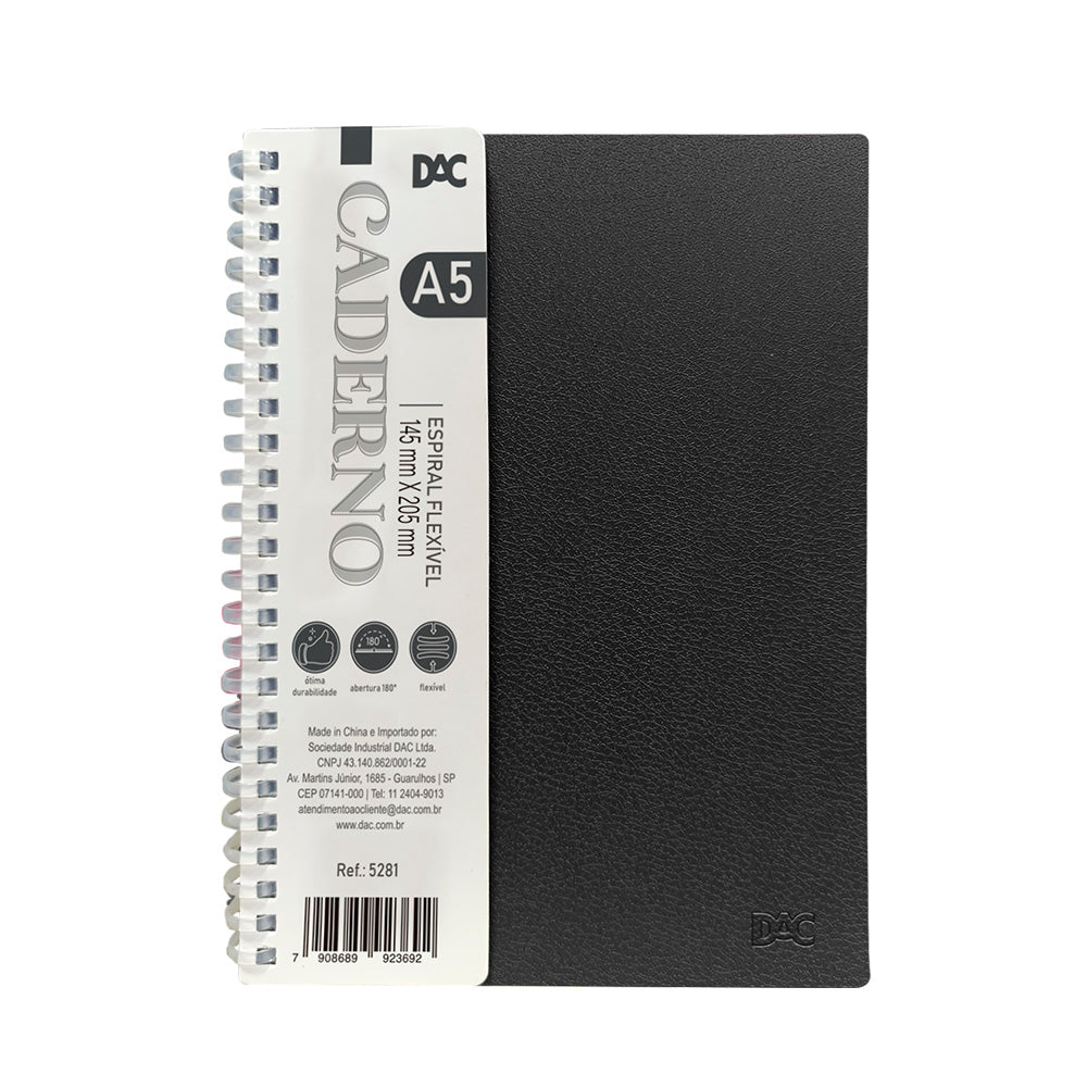 Caderno Espiral em Polipropileno A5 - Preto Dac - 5281