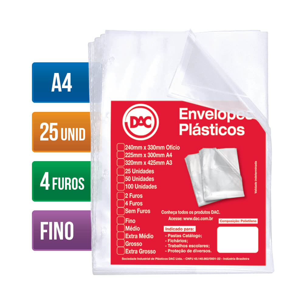 Envelope Plástico Fino 24x33cm com 4 Furos com 25 Unidades - Transparente Dac - 5070-25