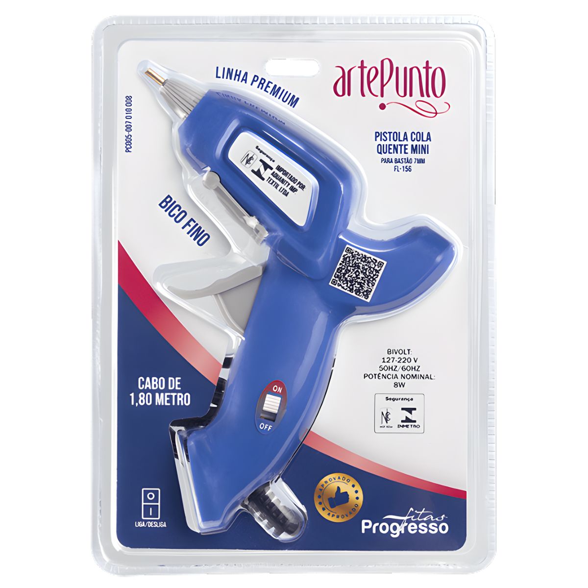 Pistola de Cola Quente Mini 7mm Arte Punto 8w Azul Bico Fino Automática Bivolt
