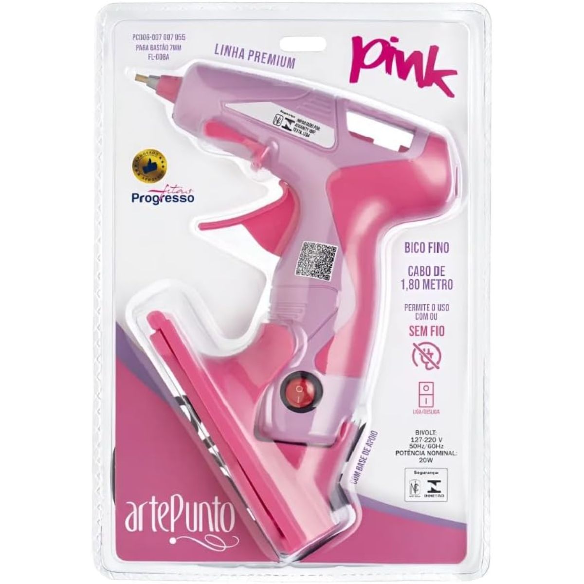 Pistola de Cola Quente 7mm Arte Punto sem Fio ou com Fio 20w Bico Fino Bivolt - Rosa