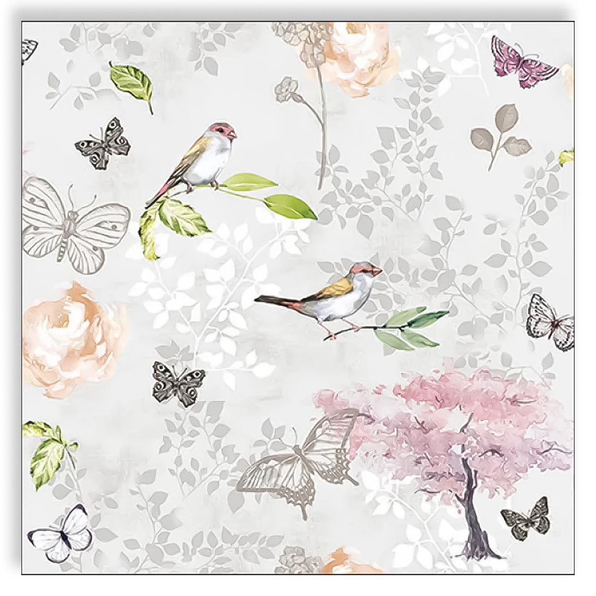 Guardanapo para Decoupage Ambiente 33x33cm com 20 Unidades - Pássaros e Borboletas Cinza