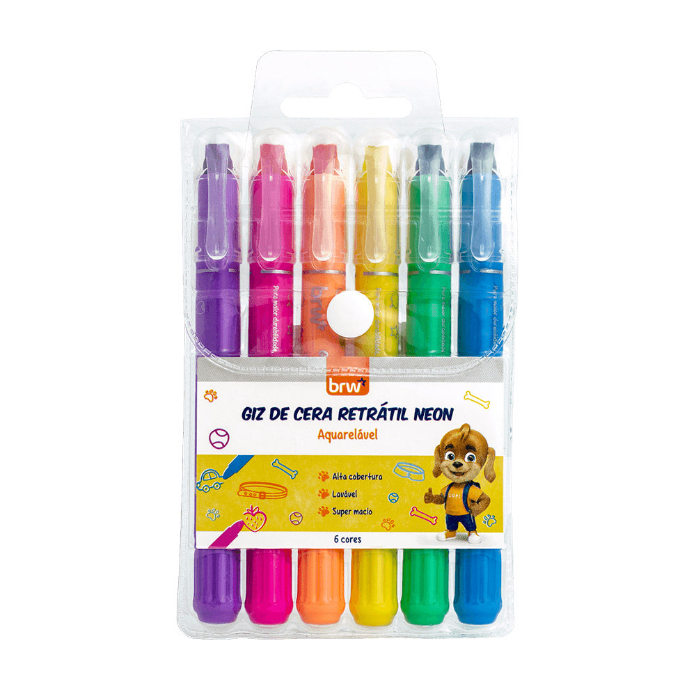 Estojo de Giz de Cera Retrátil Aquarelável com 6 Cores Neon para Desenho e Pintura - Brw