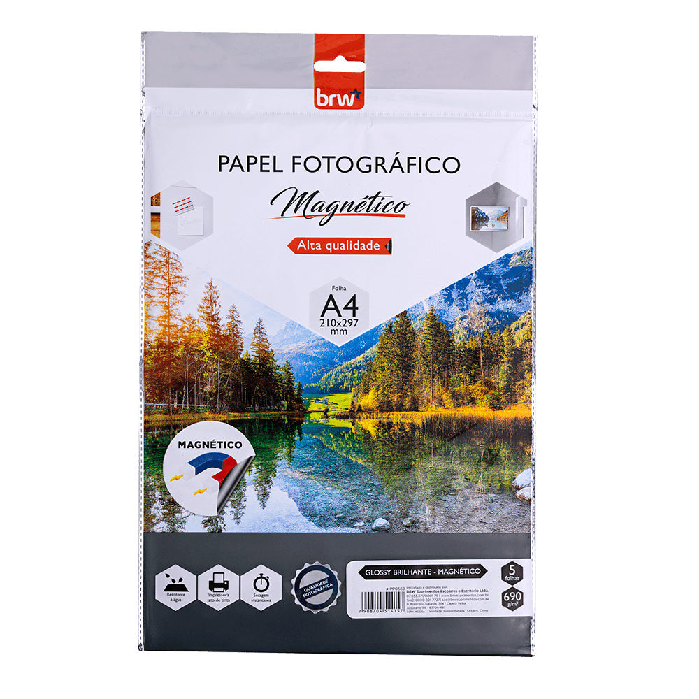 Papel Fotográfico Magnético A4 690g 210x297mm com 5 Folhas Brilhante para Impressão - Brw