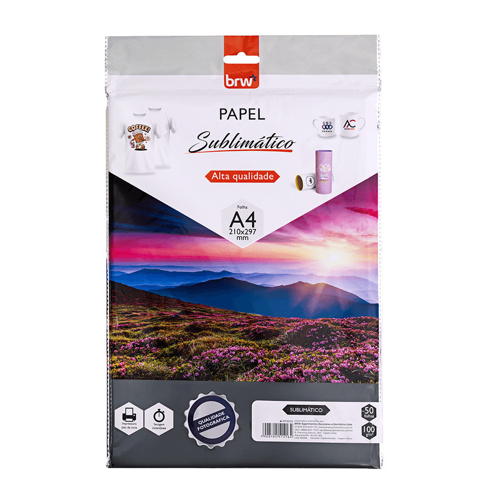 Papel Sublimático A4 100g 210x297mm com 50 Folhas para Sublimação - Brw