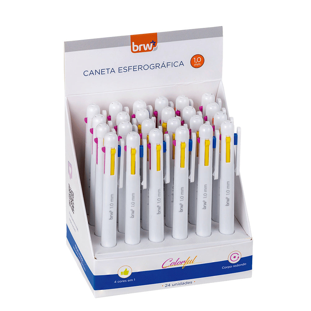 Caneta Esferográfica 4 Cores Azul Preto Vermelho Verde 1,0mm Corpo Tons Pastel para Escrita - Brw