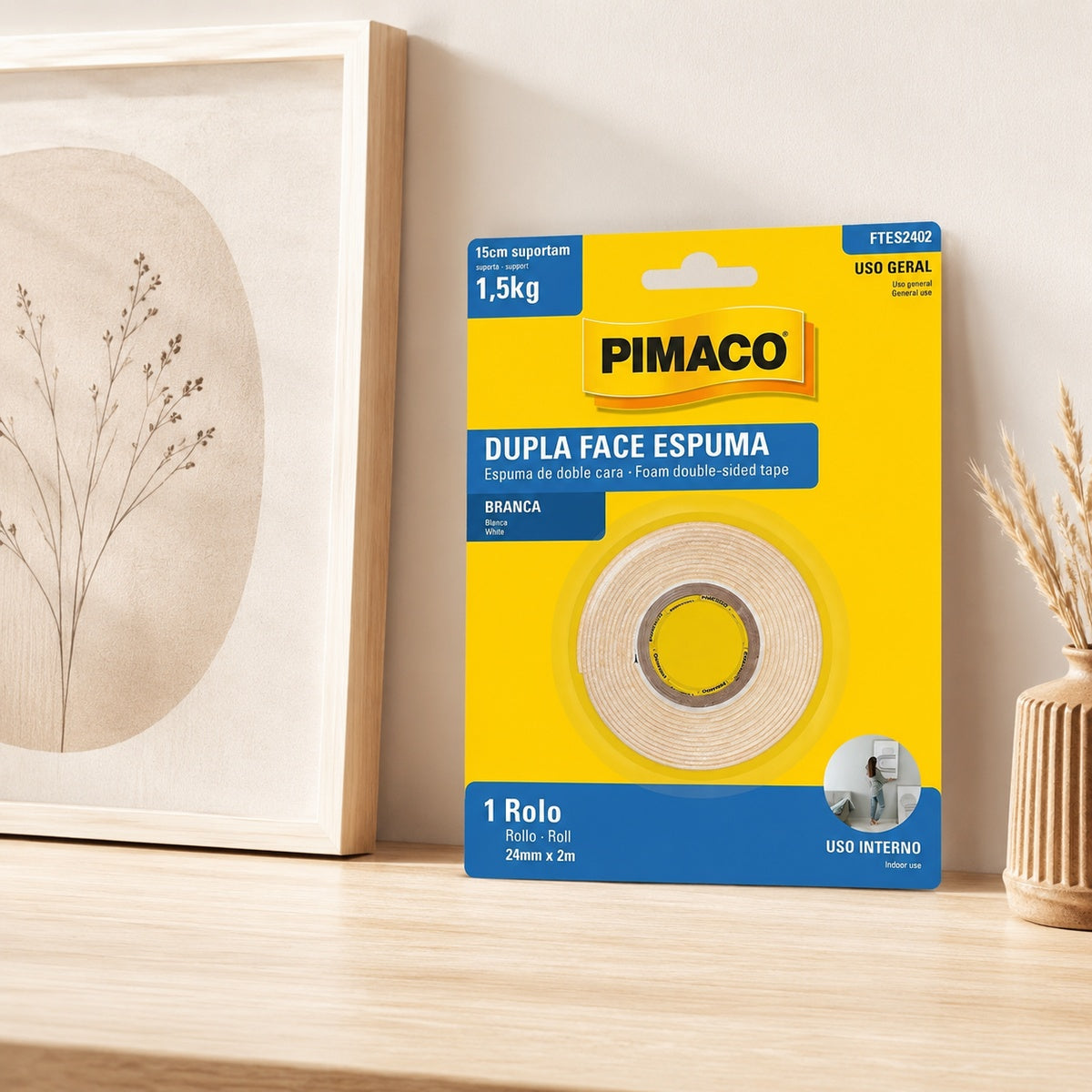 Fita Dupla Face Espuma Branca 24mm X 2m para Fixação em Superfícies Irregulares - Pimaco