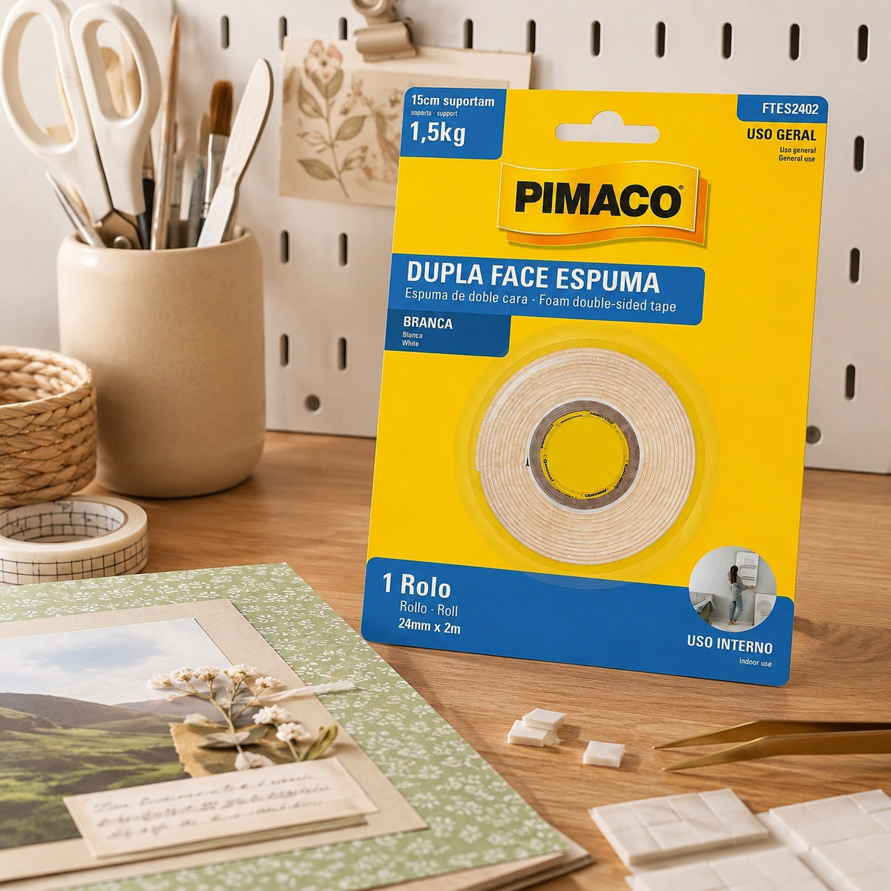 Fita Dupla Face Espuma Branca 24mm X 2m para Fixação em Superfícies Irregulares - Pimaco
