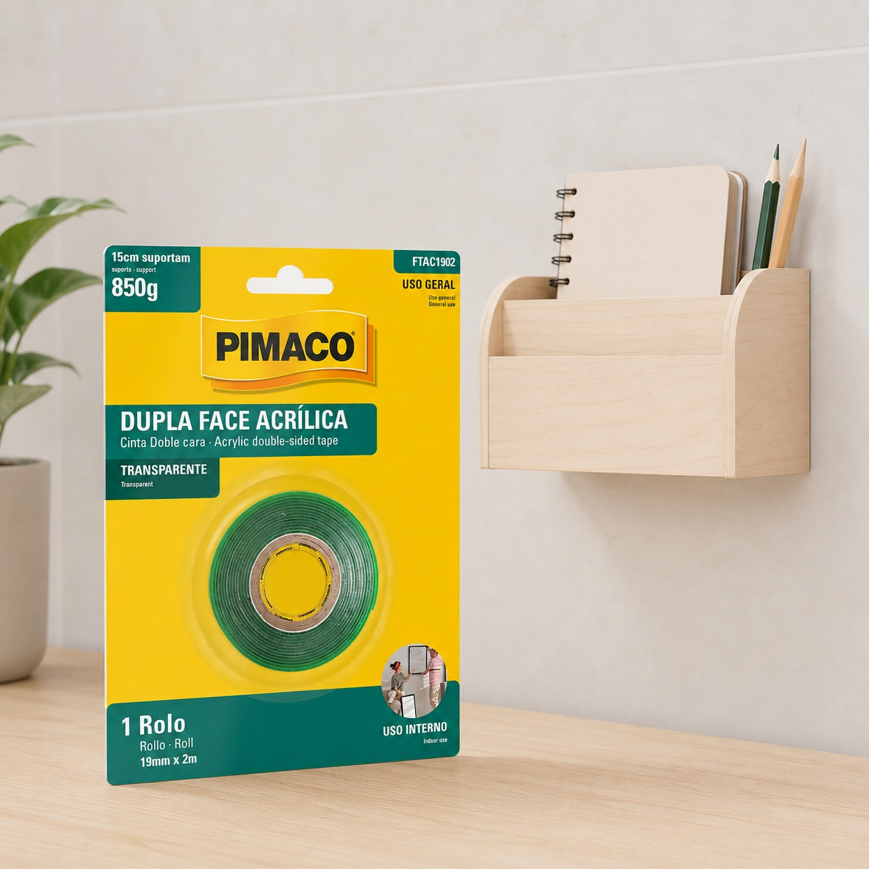 Fita Dupla Face Acrílica Transparente 19mm X 2m para Fixação de Quadros e Decoração - Pimaco