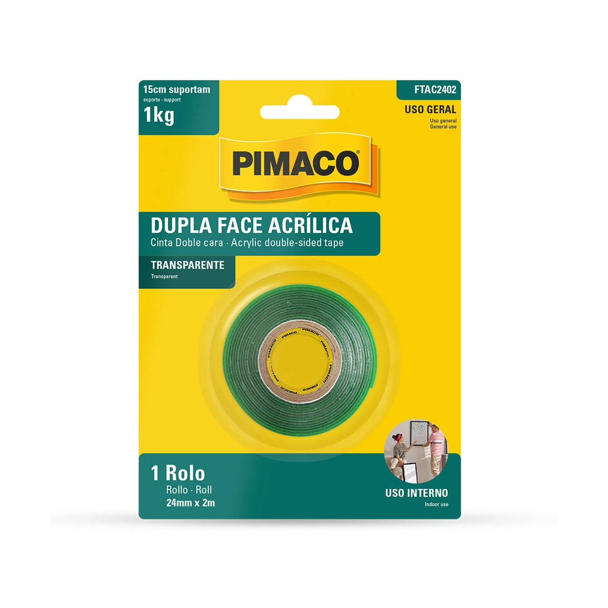 Fita Dupla Face Acrílica Transparente 24mm X 2m para Fixação de Quadros e Decoração - Pimaco