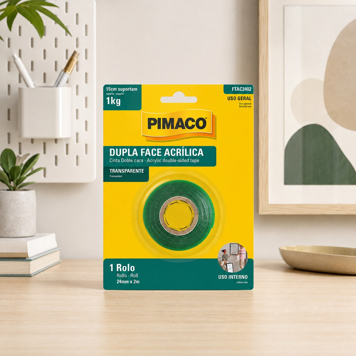 Fita Dupla Face Acrílica Transparente 24mm X 2m para Fixação de Quadros e Decoração - Pimaco