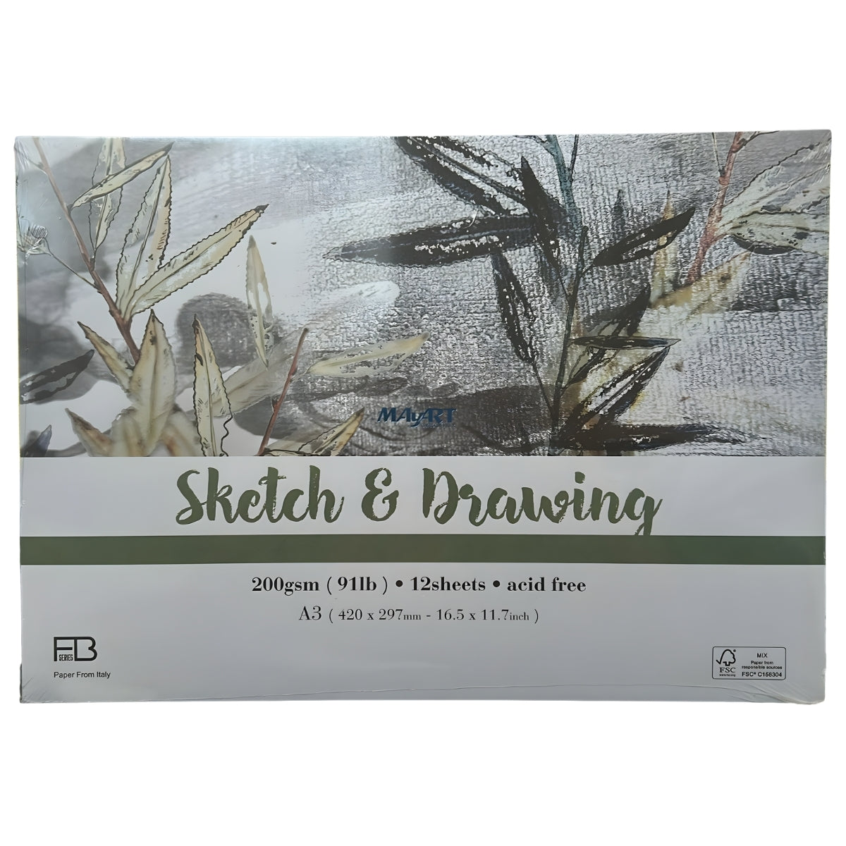 Bloco de Papel Sketch e Drawing Mayart 200g A3 42x29,7cm 12 Folhas 