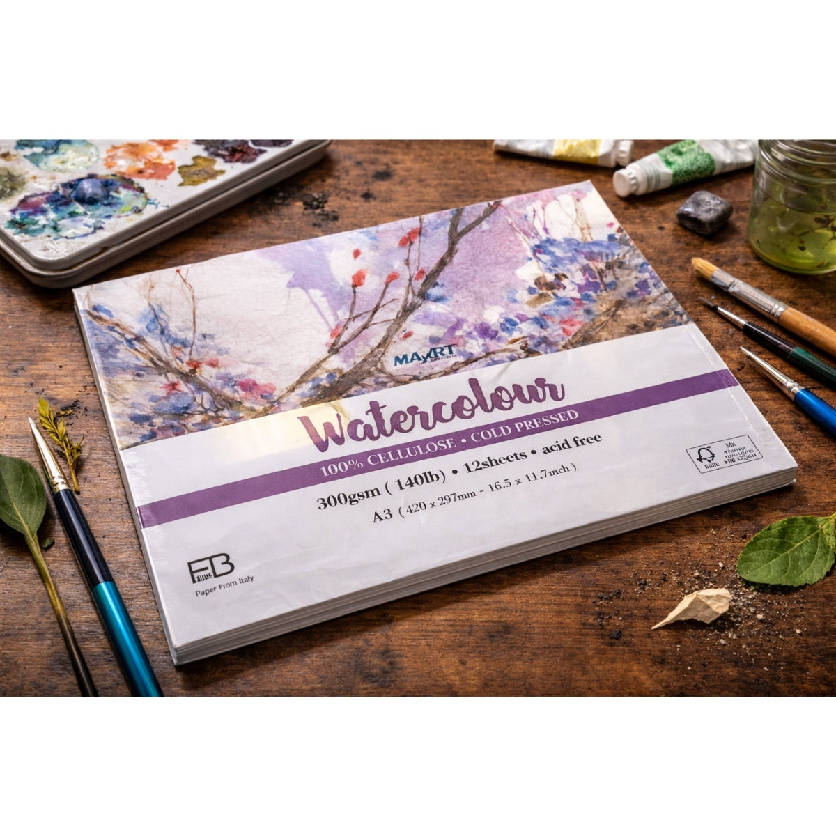 Bloco de Papel Aquarela Mayart 300g A3 29,7x42cm 12 Folhas 100% Cellulose Premium
