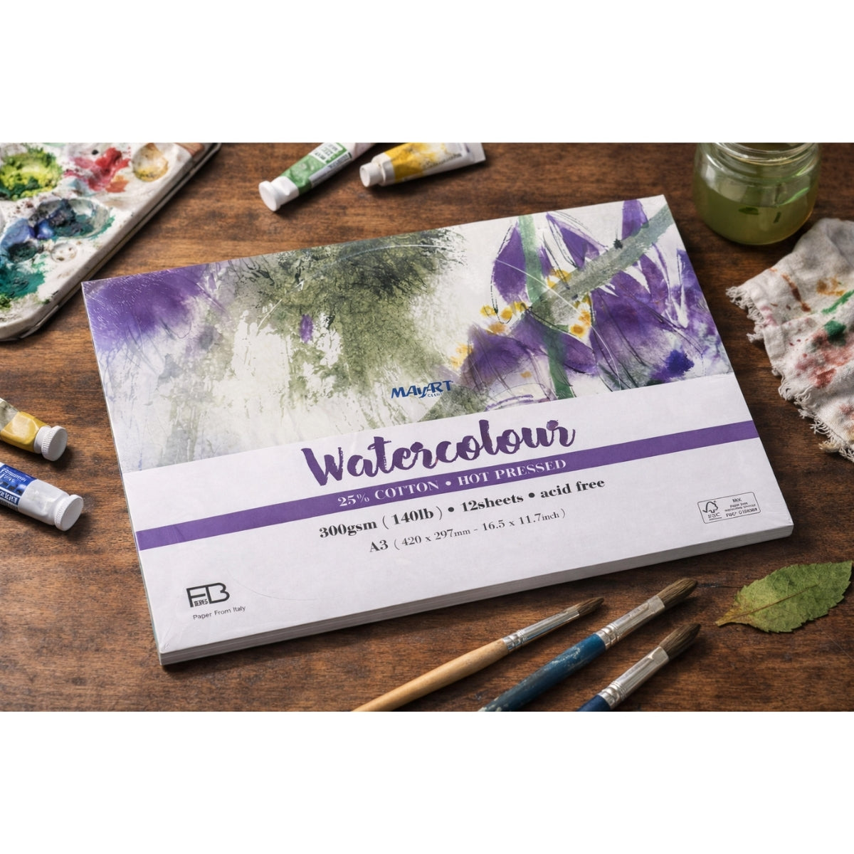 Bloco de Papel Aquarela Mayart 300g A3 42x29,7cm 12 Folhas 25% Algodao 75% Cellulose