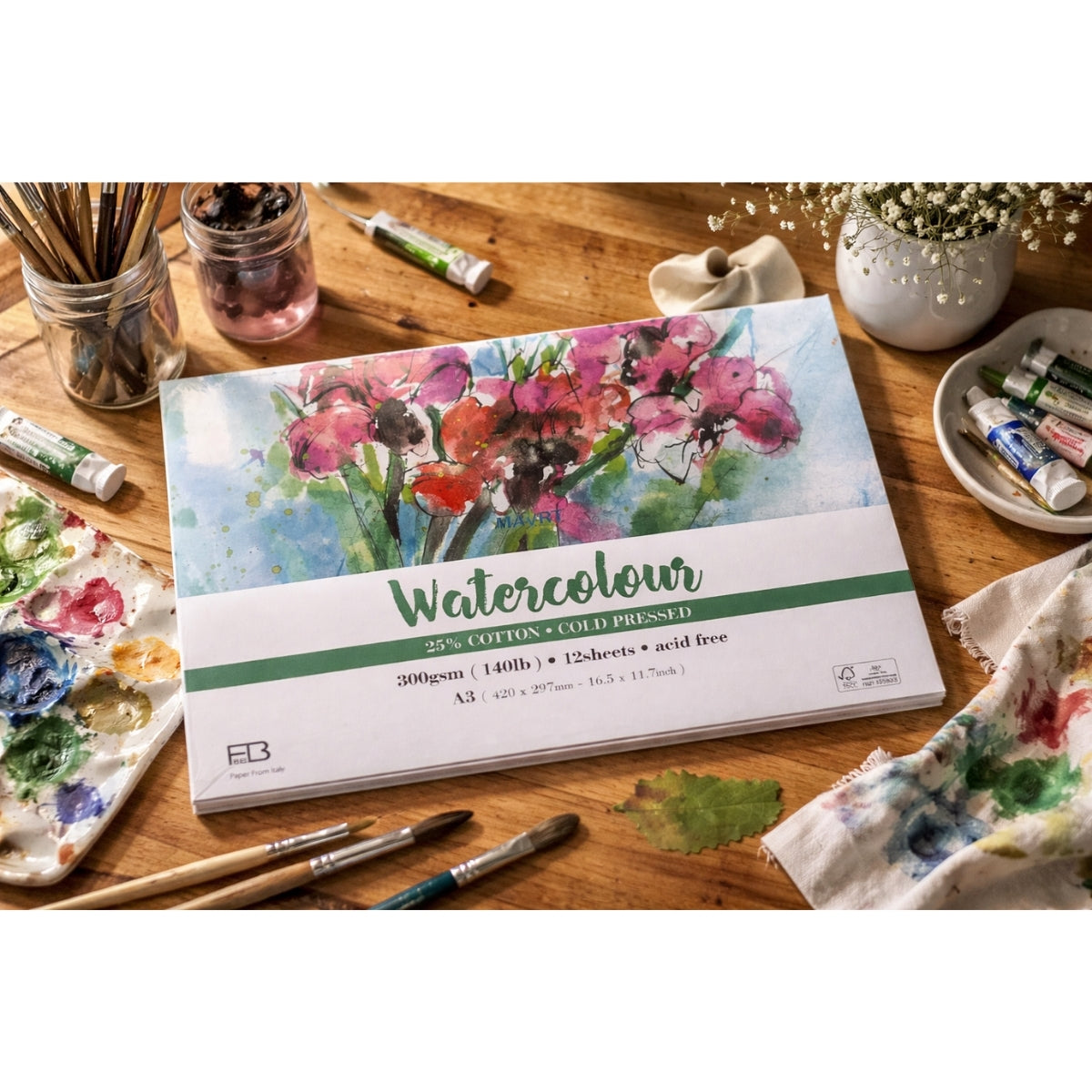 Bloco de Papel Aquarela Mayart 300g A3 42x29,7cm 12 Folhas 25% Algodao 75% Cellulose