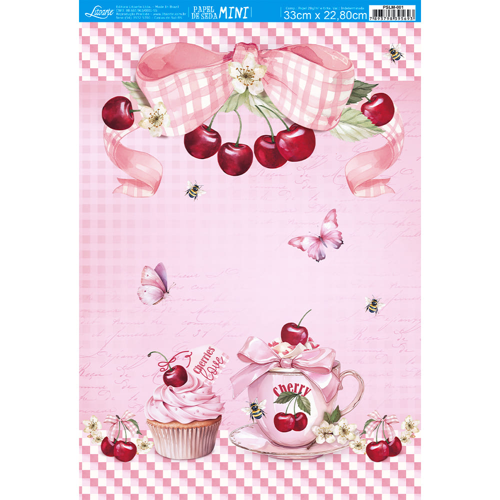 Papel de Seda Mini Pct 5 Coleção Cerejinha Doces de Cereja 33x22,8cm para Artesanato e Embalagens Pslm-002 - Litoarte