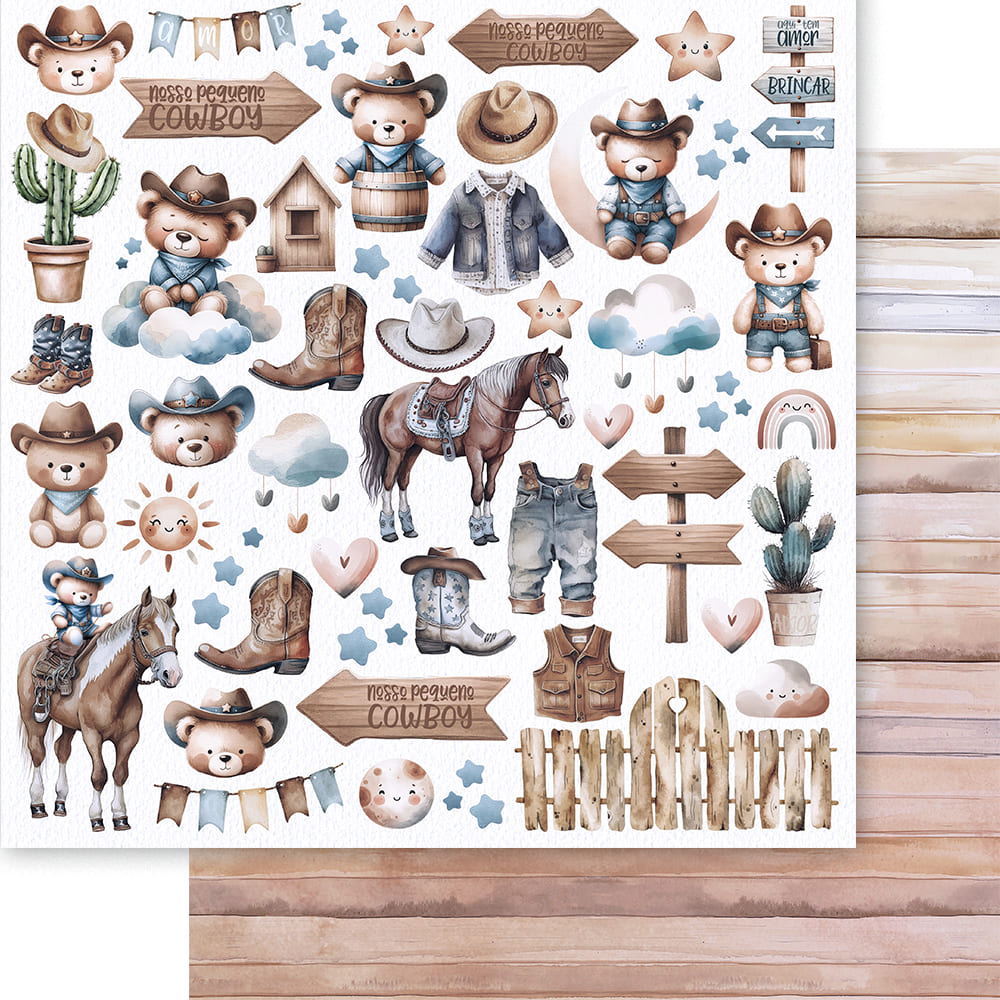 Papel para Scrapbook Dupla Face Ursinho Cowboy 30,5x30,5cm para Scrapbook e Papelaria Criativa Sd-1402 - Litoarte