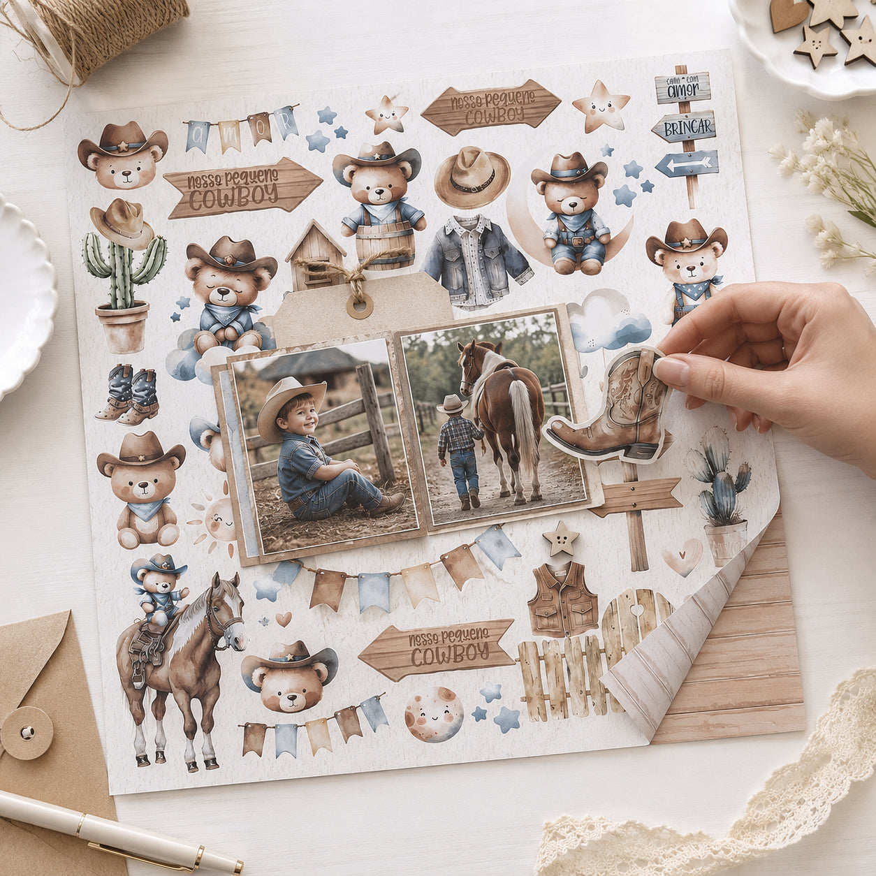 Papel para Scrapbook Dupla Face Ursinho Cowboy 30,5x30,5cm para Scrapbook e Papelaria Criativa Sd-1402 - Litoarte