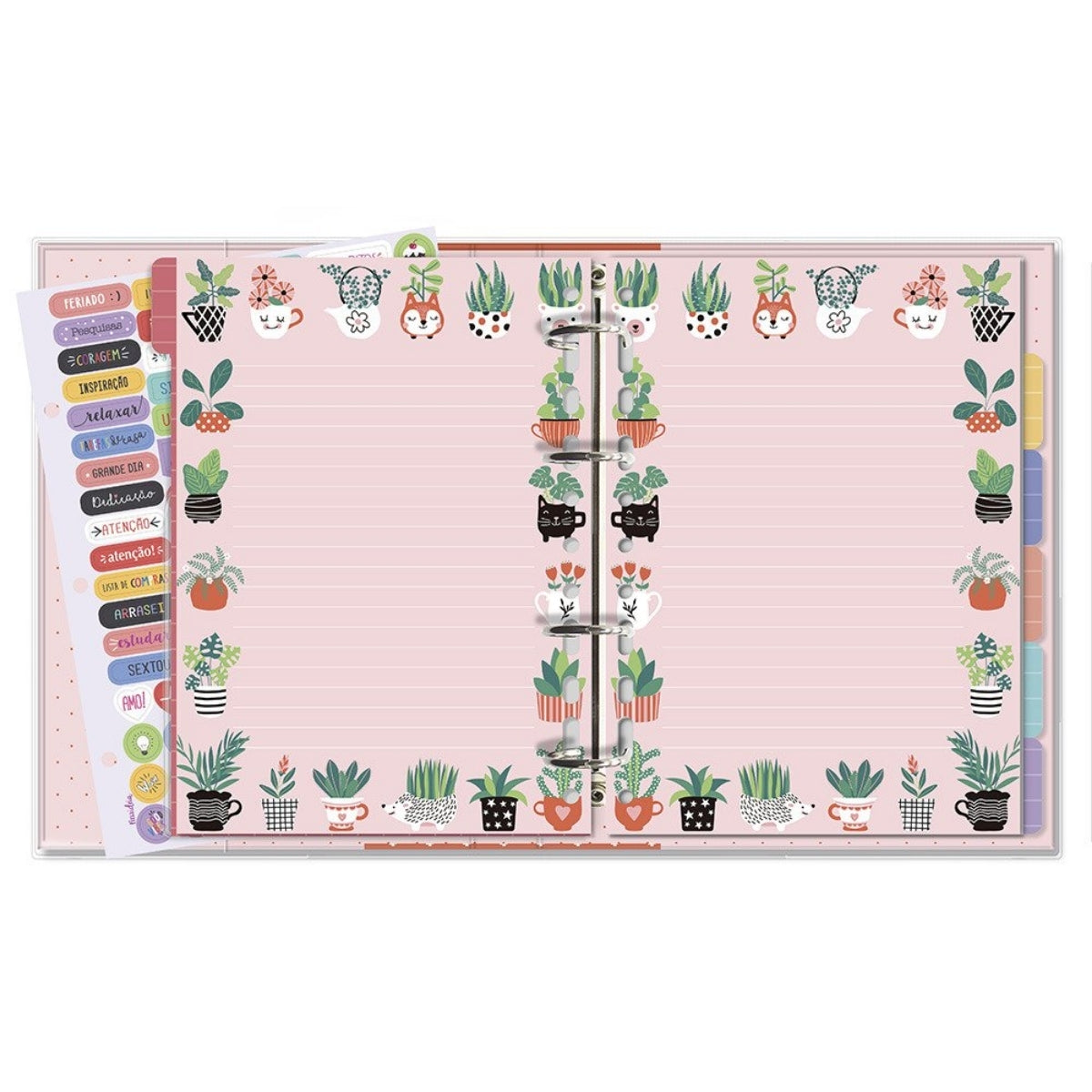 Caderno Argolado Pautado 90g/m² 16,5x23,2cm com 80 Folhas e 12 Divisórias Plantinhas - Fina Ideia