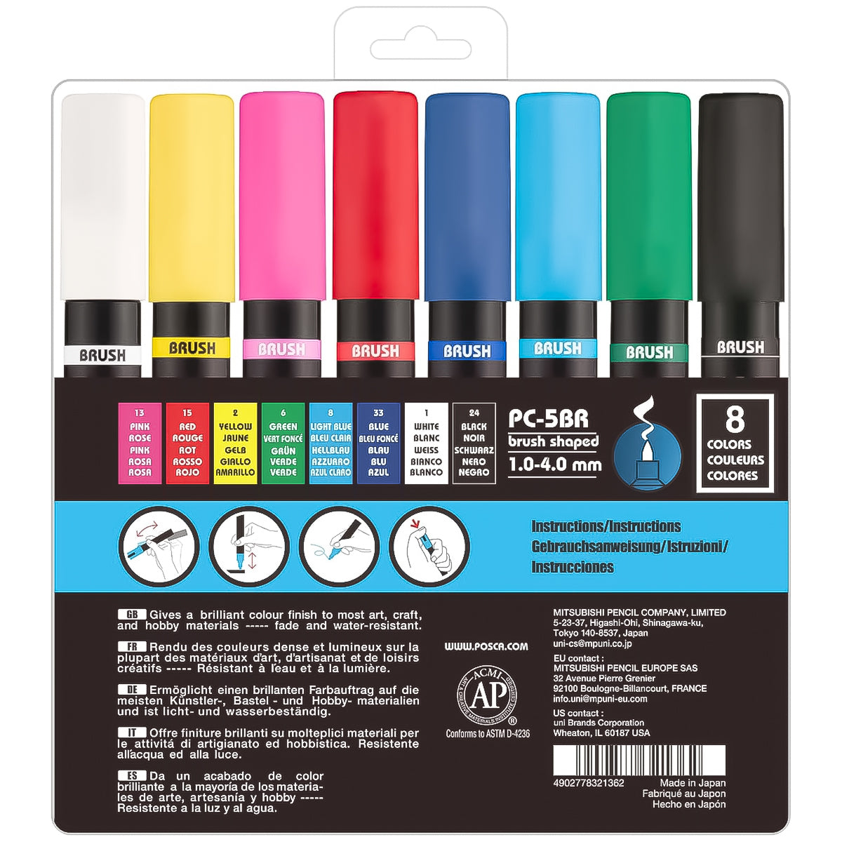 Estojo de Caneta Posca Uniball Pc-5br Ponta Brush 1.0/4.0Mm com 08 Cores