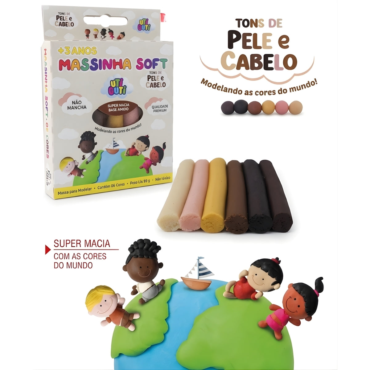 Estojo Massinha Soft para Modelar 90g com 6 Cores Tons Pele e Cabelo - Utiguti