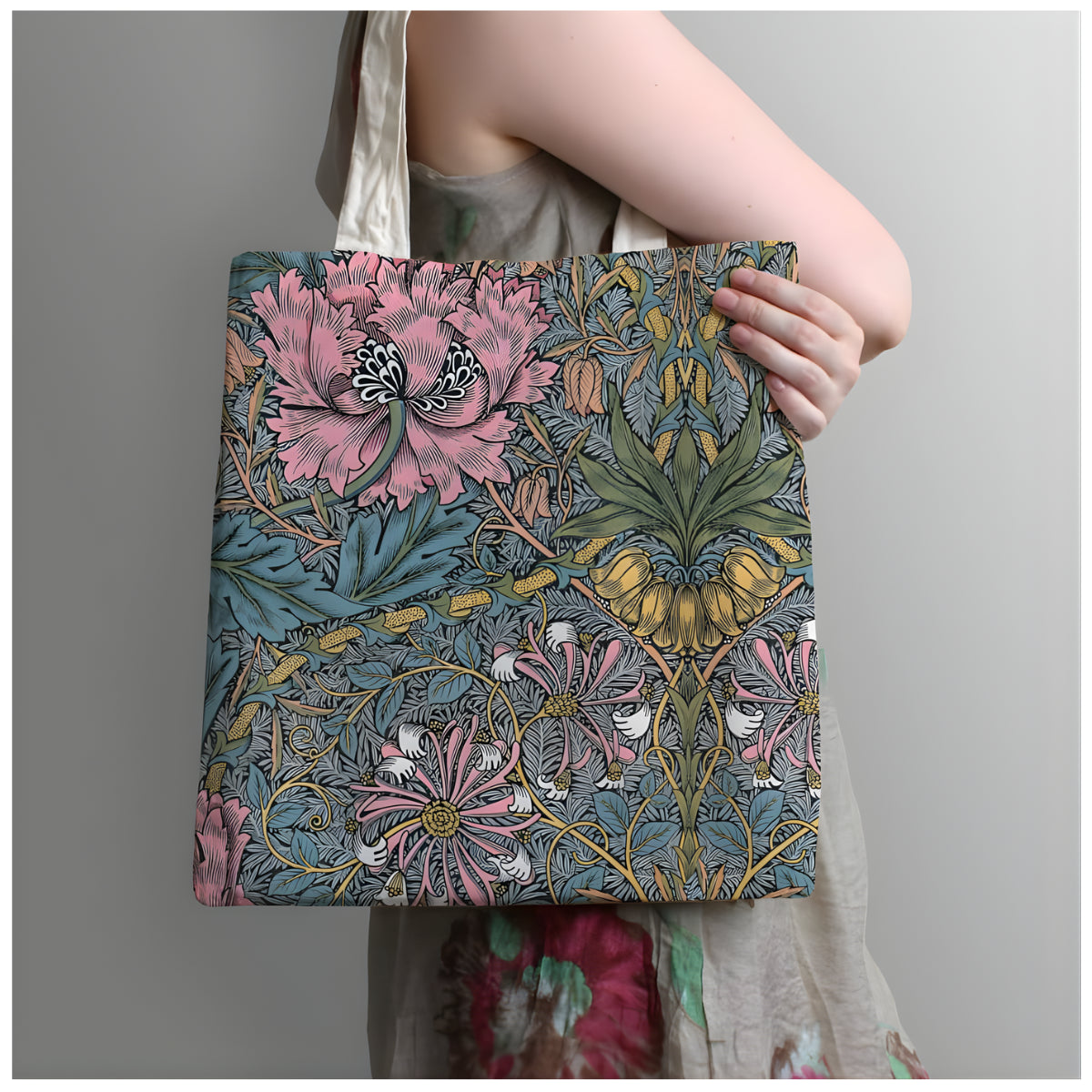 Bolsa Canvas Bag Paperblanks Morris Pink Honeysuckle 38x38cm em Algodão com Bolso Interno