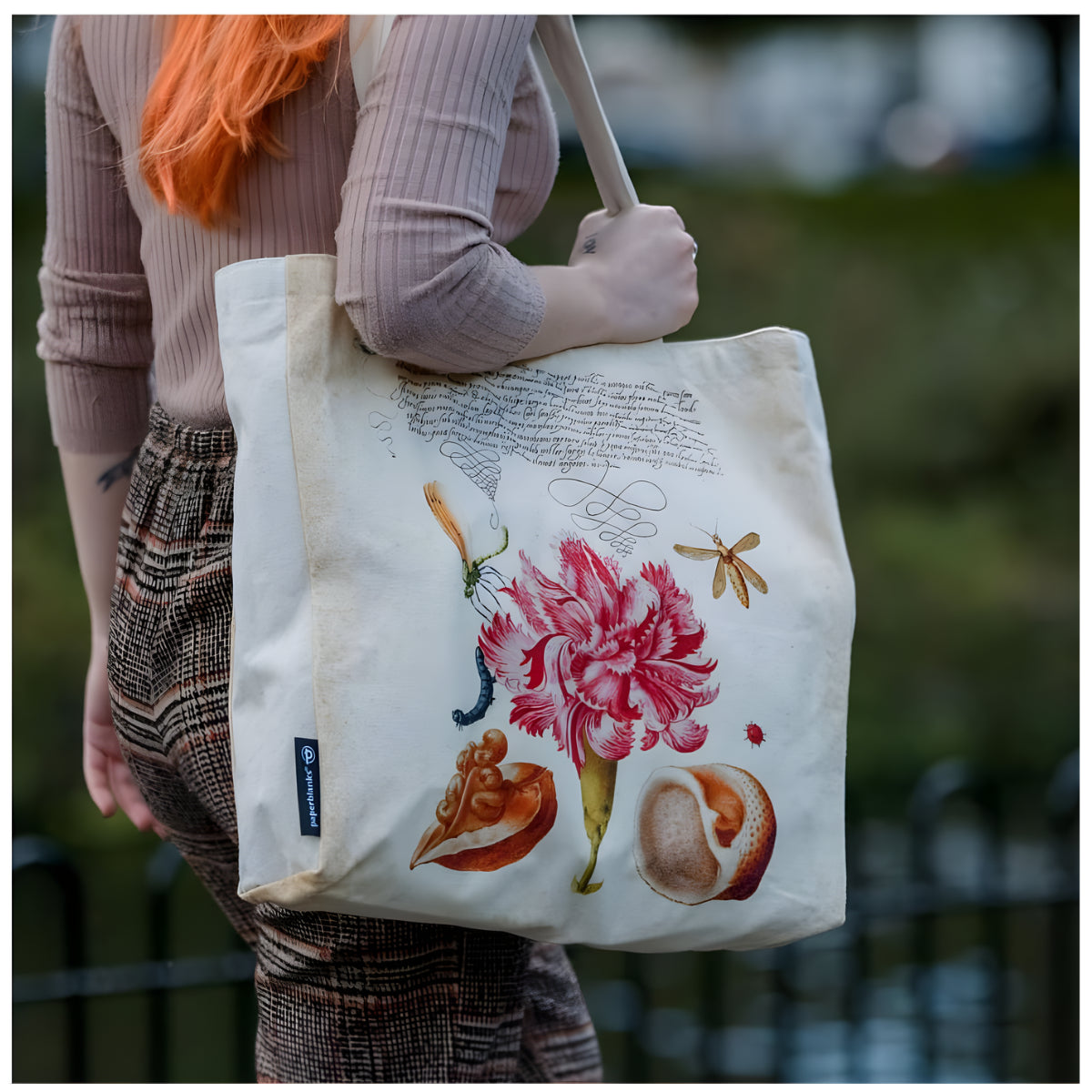 Bolsa Canvas Bag Paperblanks Pink Carnation 38x38cm em Algodão com Bolso Interno