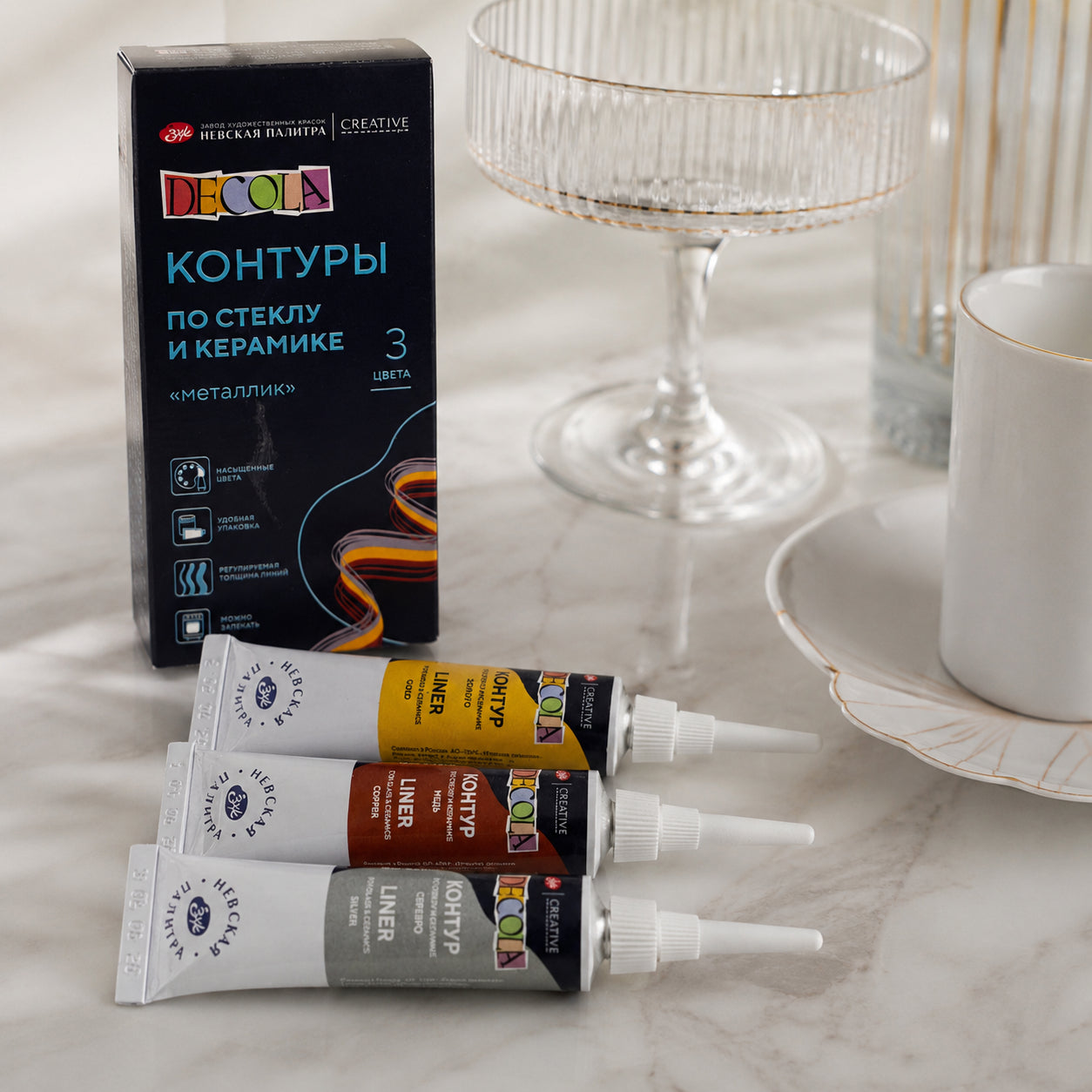 Estojo Tinta Relevo Metálica Decola Vidro e Porcelana 3 Cores - Nevskaya Palitra