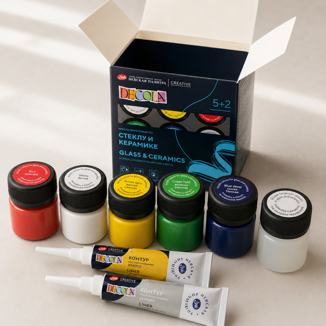 Estojo Tinta Vidro Decola Opaca 20ml 5 Cores + 2 Liners Metálicos - Nevskaya Palitra