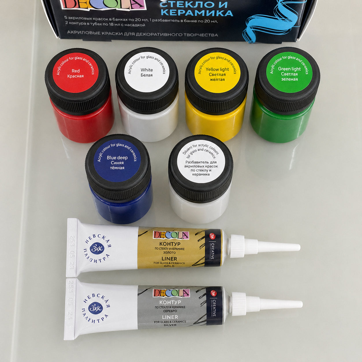 Estojo Tinta Vidro Decola Opaca 20ml 5 Cores + 2 Liners Metálicos - Nevskaya Palitra