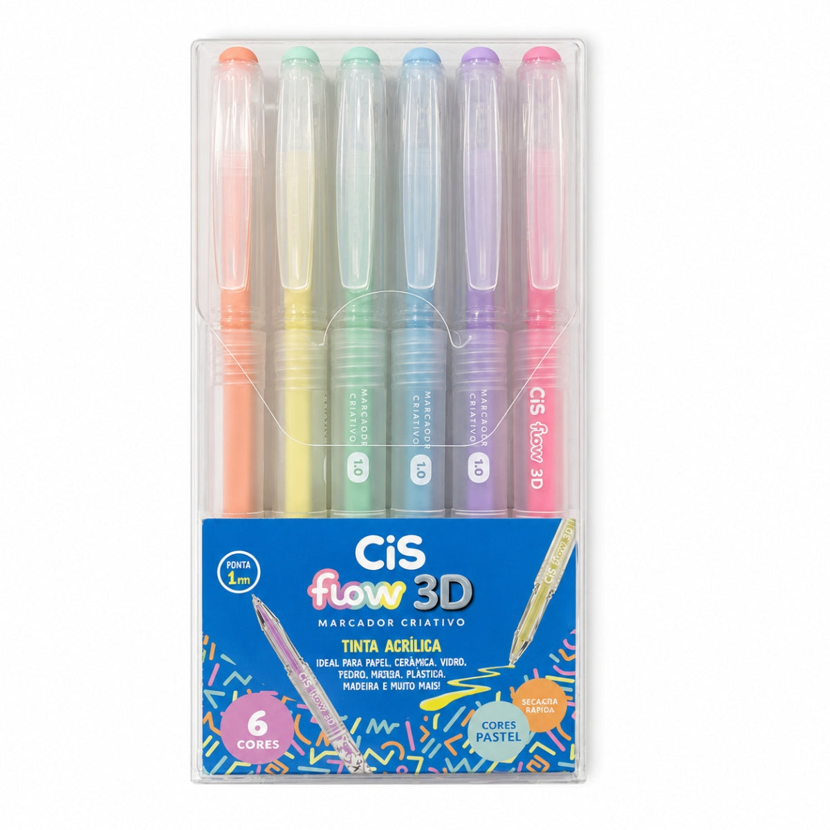 Estojo Marcador Acrílico Flow 3d Pastel Ponta 1,0mm com 6 Cores - Cis