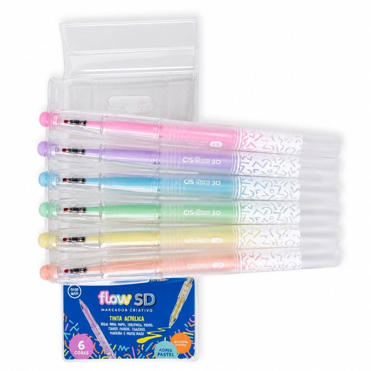 Estojo Marcador Acrílico Flow 3d Pastel Ponta 1,0mm com 6 Cores - Cis