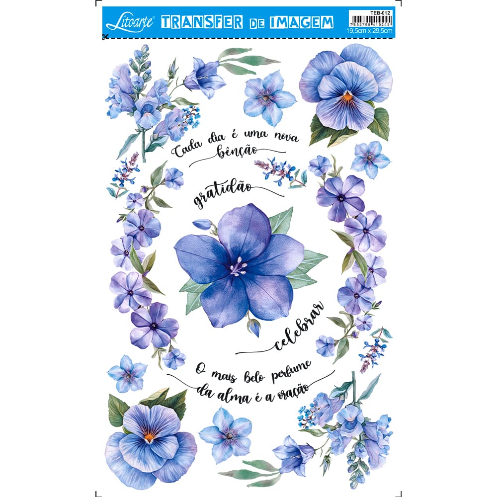 Transfer Espelhado Flores Azuis 19,5x29,5cm para Artesanato e Decoração Teb-012 - Litoarte