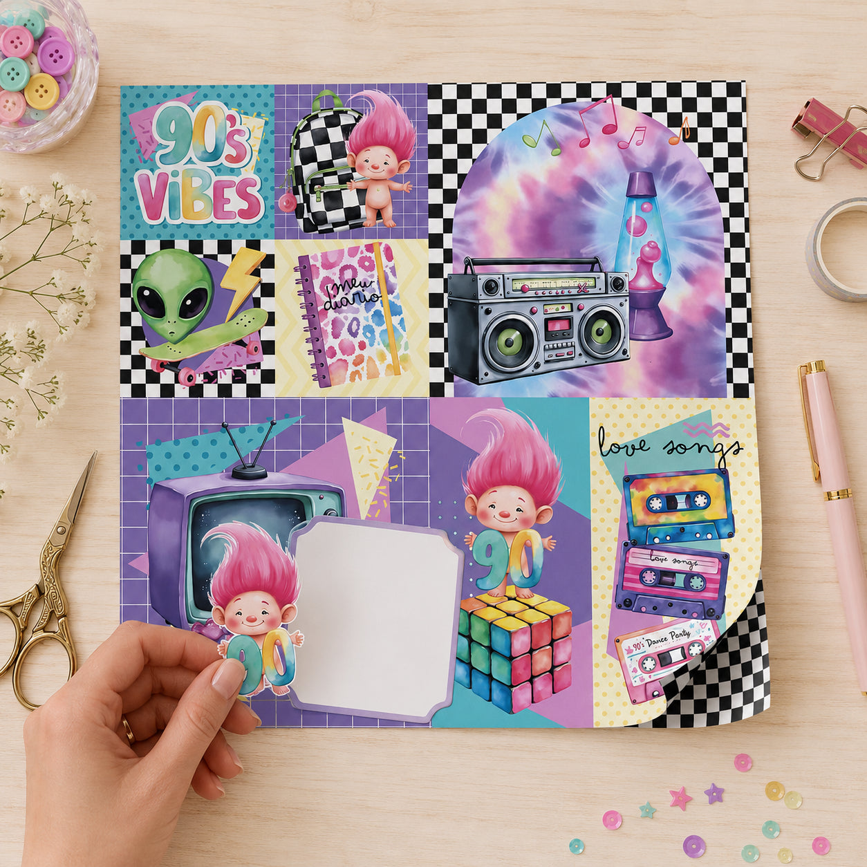 Papel para Scrapbook Dupla Face Anos 90 1 30,5x30,5cm para Scrapbook e Papelaria Criativa Sd-1424 - Litoarte