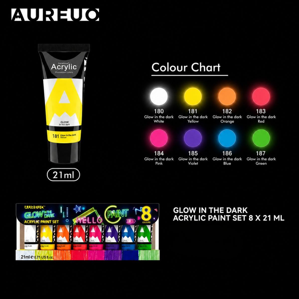 Kit de Tinta Acrílica Brilha no Escuro 8 Cores 21ml - Phoenix Aureou