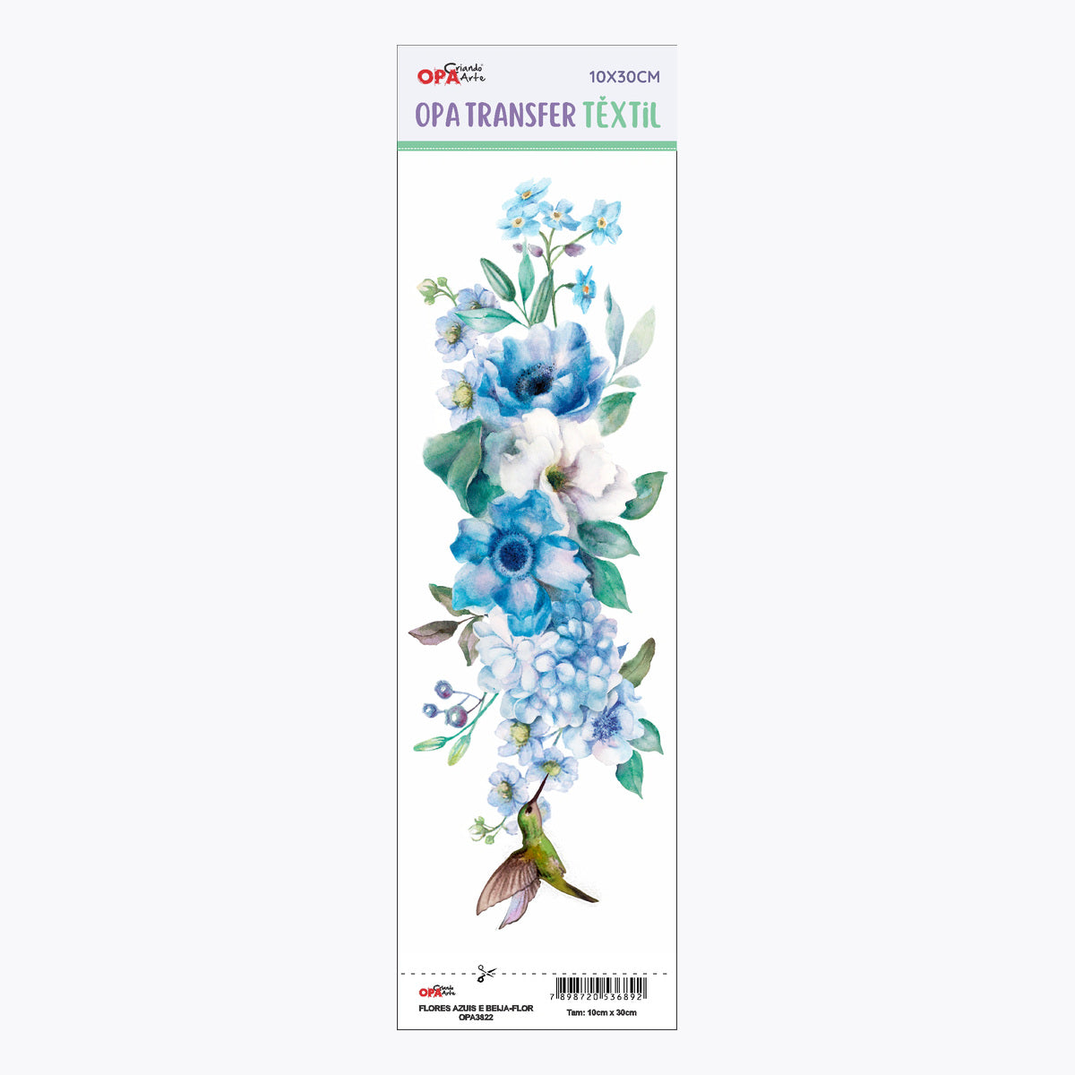 Transfer Têxtil Flores Azuis e Beija-flor 10x30cm para Personalização de Tecidos 3822 - Opa