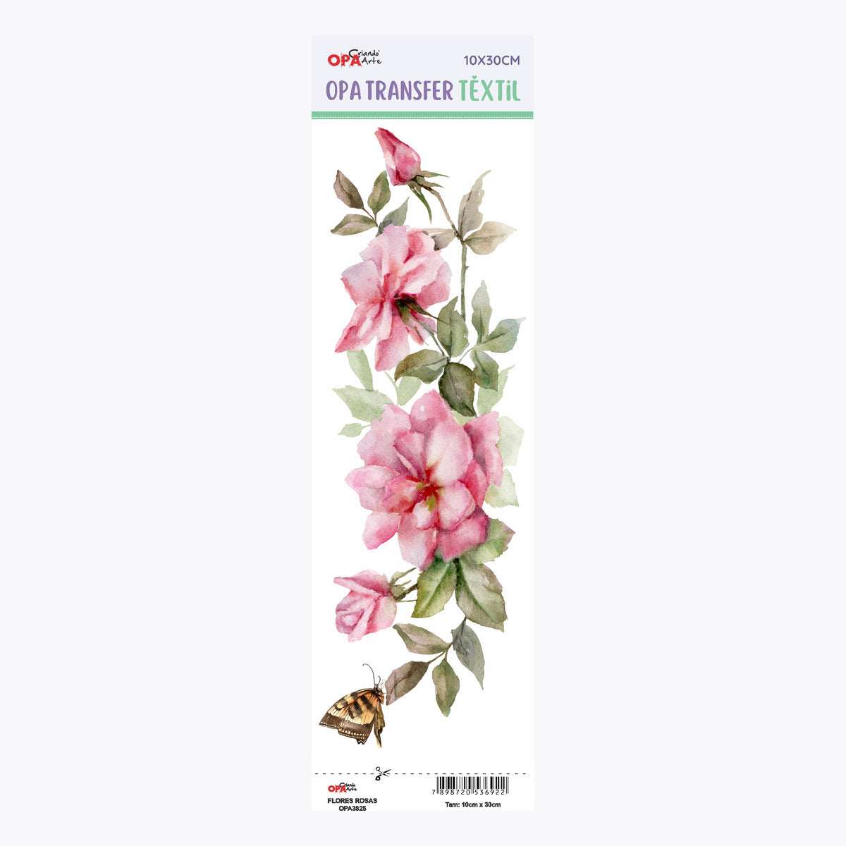 Transfer Têxtil Flores Rosas 10x30cm para Personalização de Tecidos 3825 - Opa